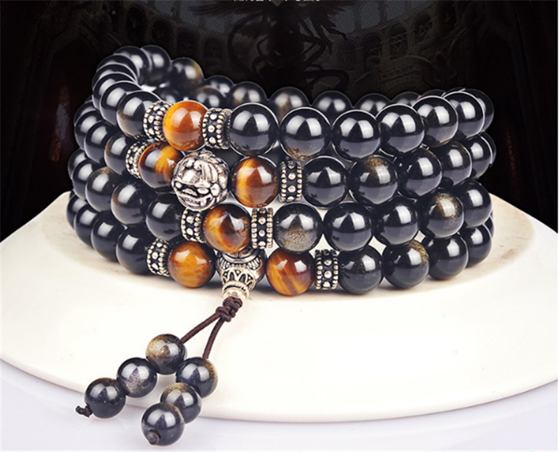 Gold Obsidian Bracelet 108 Buddha Beads / Tibetan Silver Round Beads