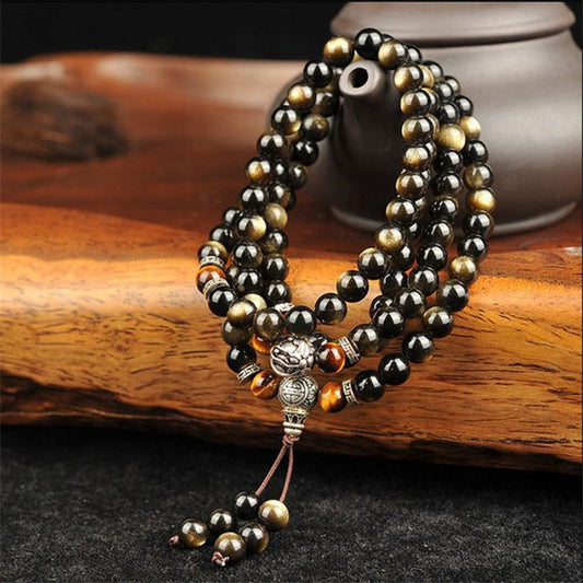 Gold Obsidian Bracelet 108 Buddha Beads / Tibetan Silver Round Beads